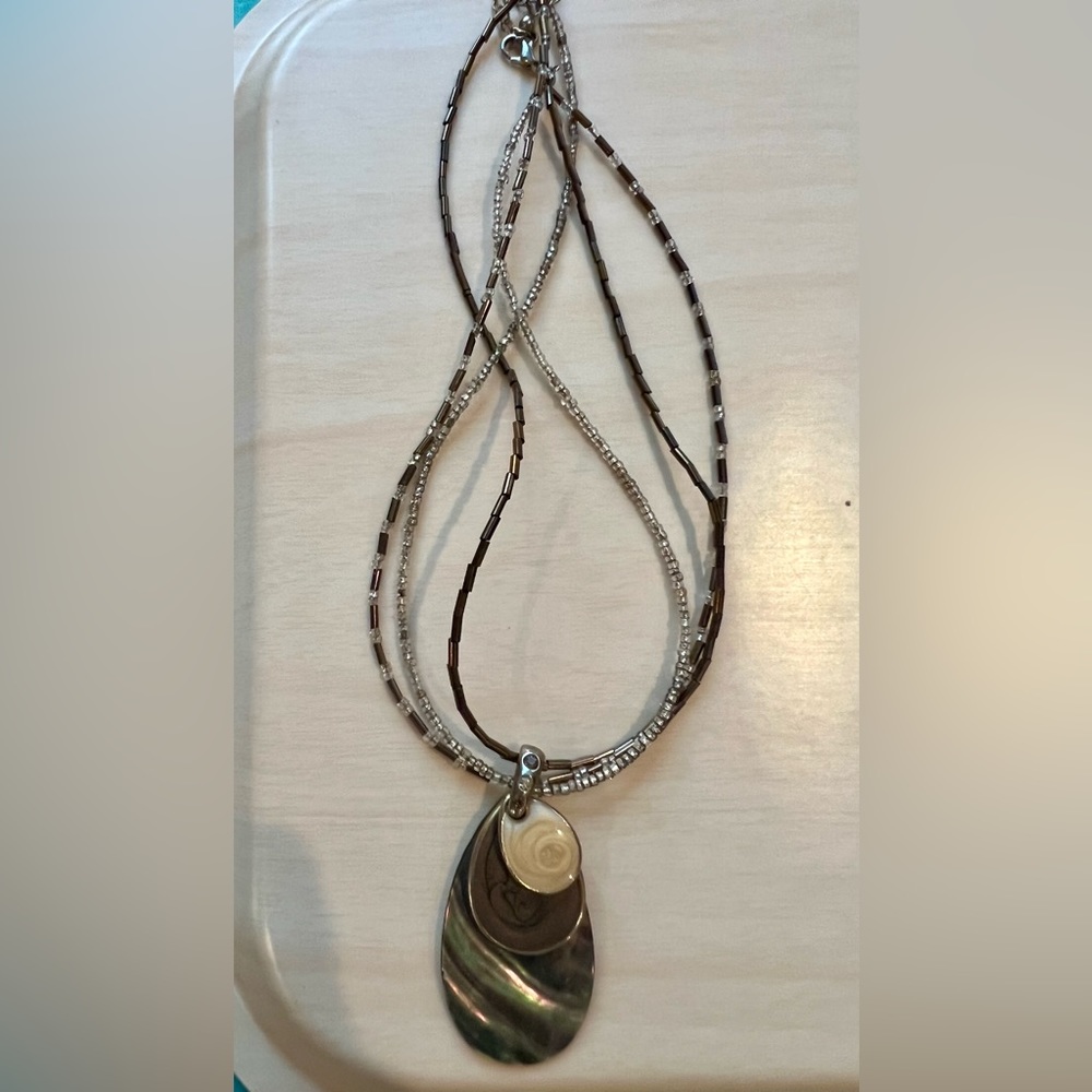 Shell Beaded Pendant Stacked Layered Adjust Necklace Brown Pearl